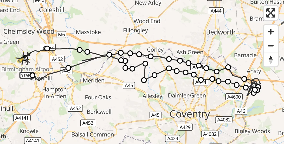 Flight path map showing Police Helicopter route from Birmingham Airport to Birmingham Airport