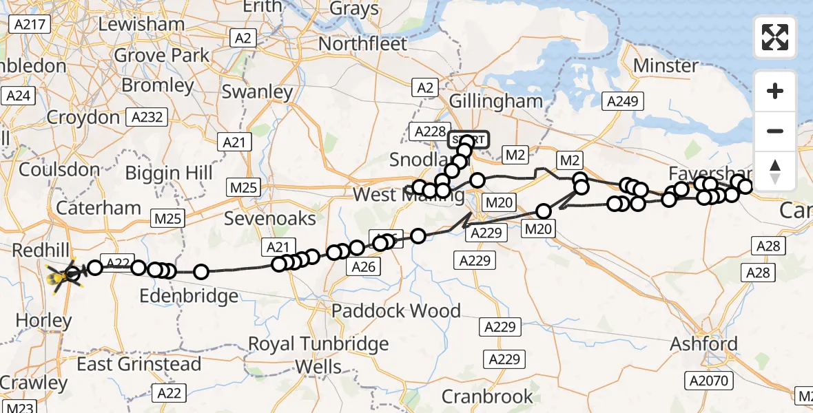 Flight path map showing Police Helicopter route from Rochester Airport to South Nutfield