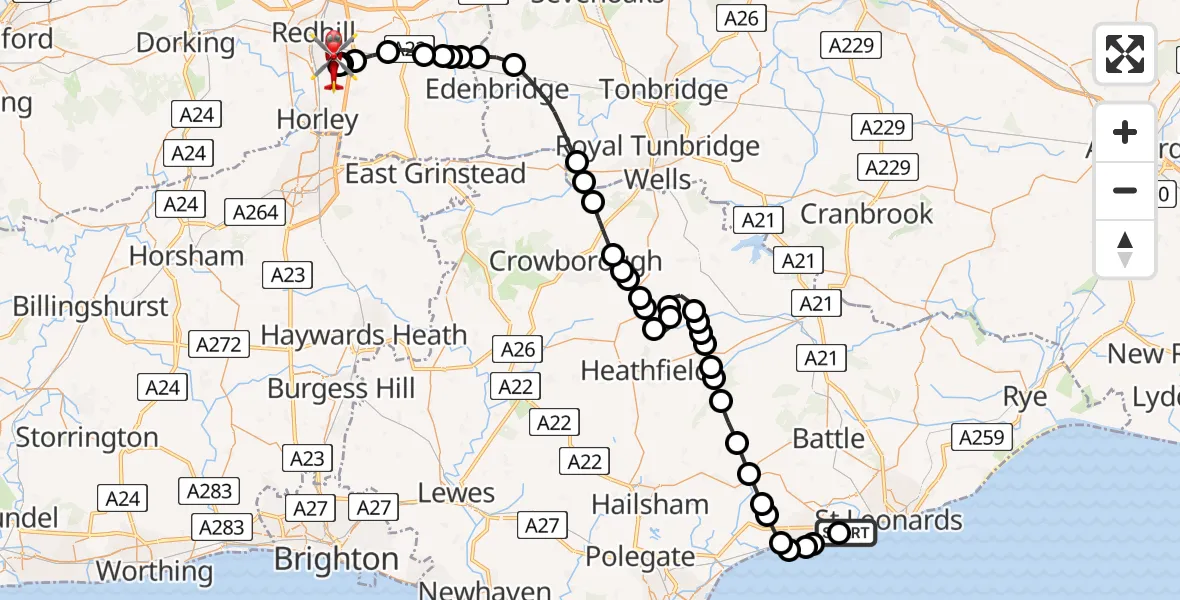 Flight path map showing Air Ambulance Helicopter route from Hastings to Redhill Aerodrome