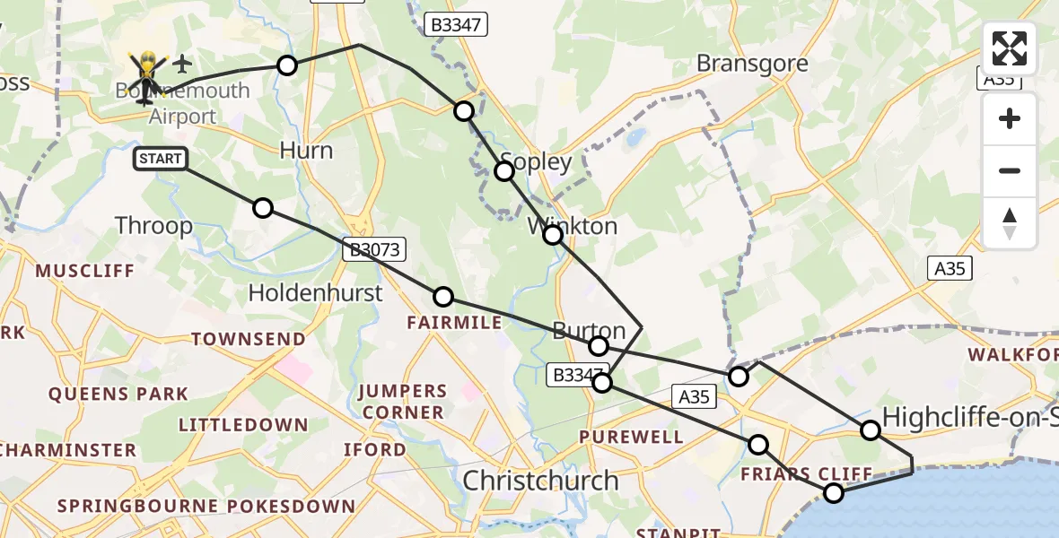 Flight path map showing Police Helicopter route from Bournemouth Airport to Bournemouth Airport