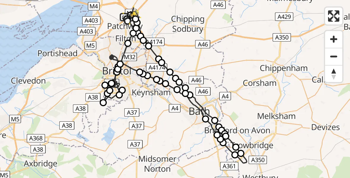 Flight path map showing Police Helicopter route from Almondsbury Helicopter Base to Almondsbury Helicopter Base