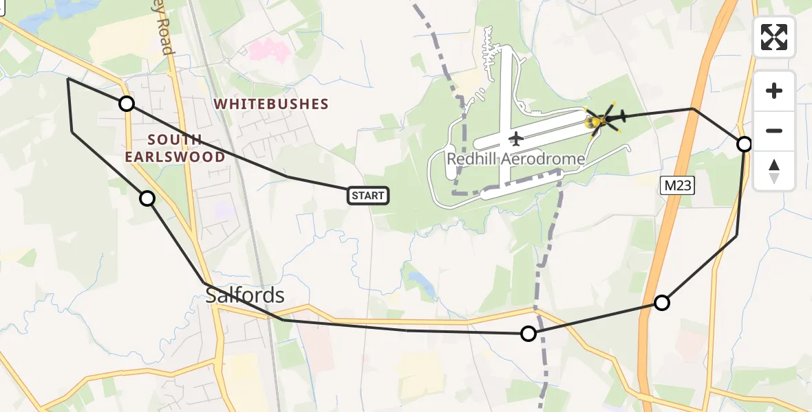 Flight path map showing Police Helicopter route from Salfords to Tandridge