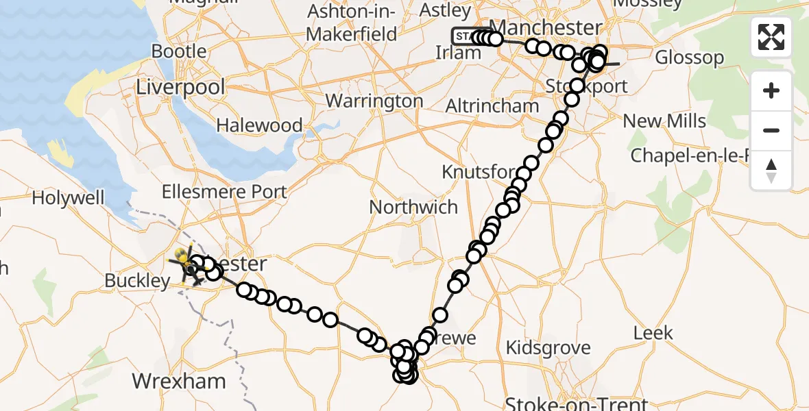 Flight path map showing Police Helicopter route from Manchester Barton Aerodrome to Hawarden Airport
