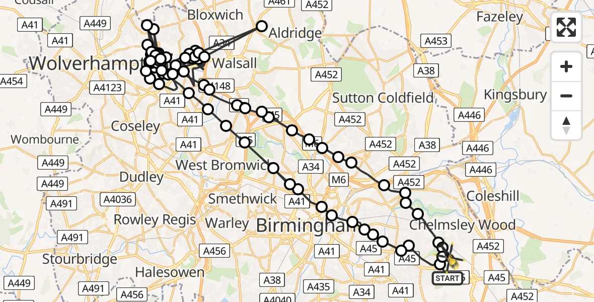 Flight path map showing Police Helicopter route from Birmingham Airport to Birmingham Airport