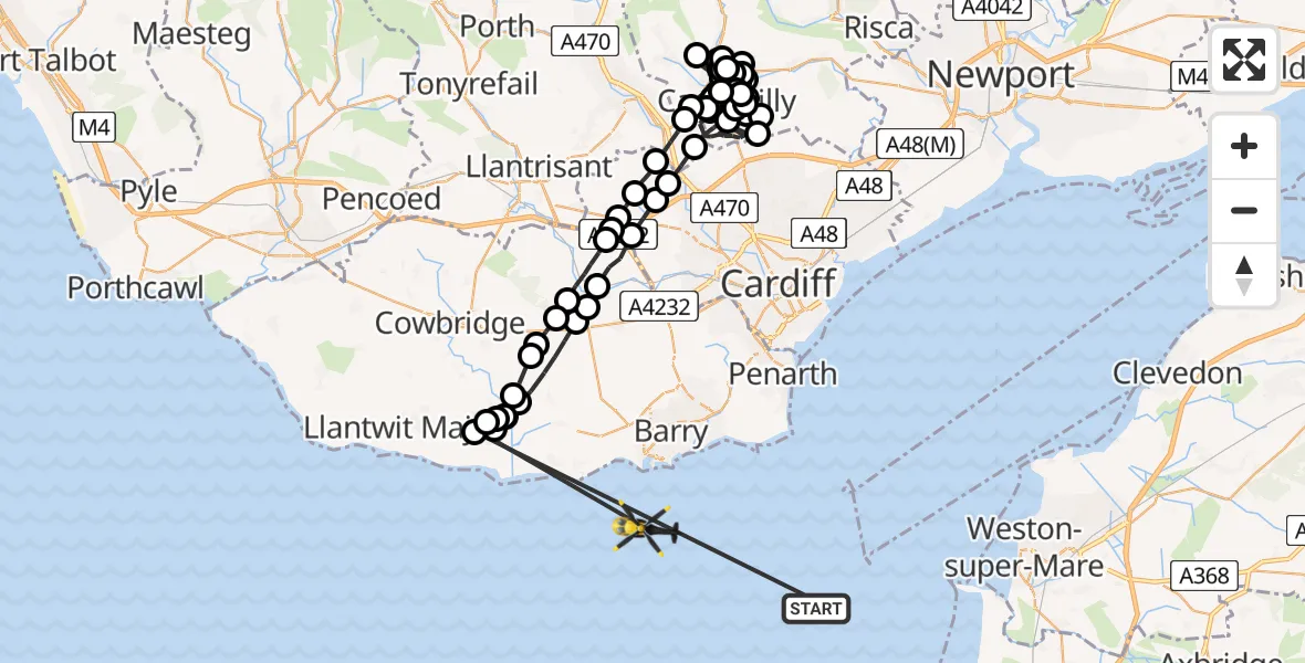 Flight path map showing Police Helicopter route from Bristol Channel to Bristol Channel