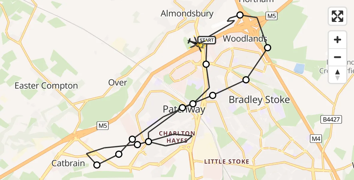 Flight path map showing Police Helicopter route from Patchway to Woodlands