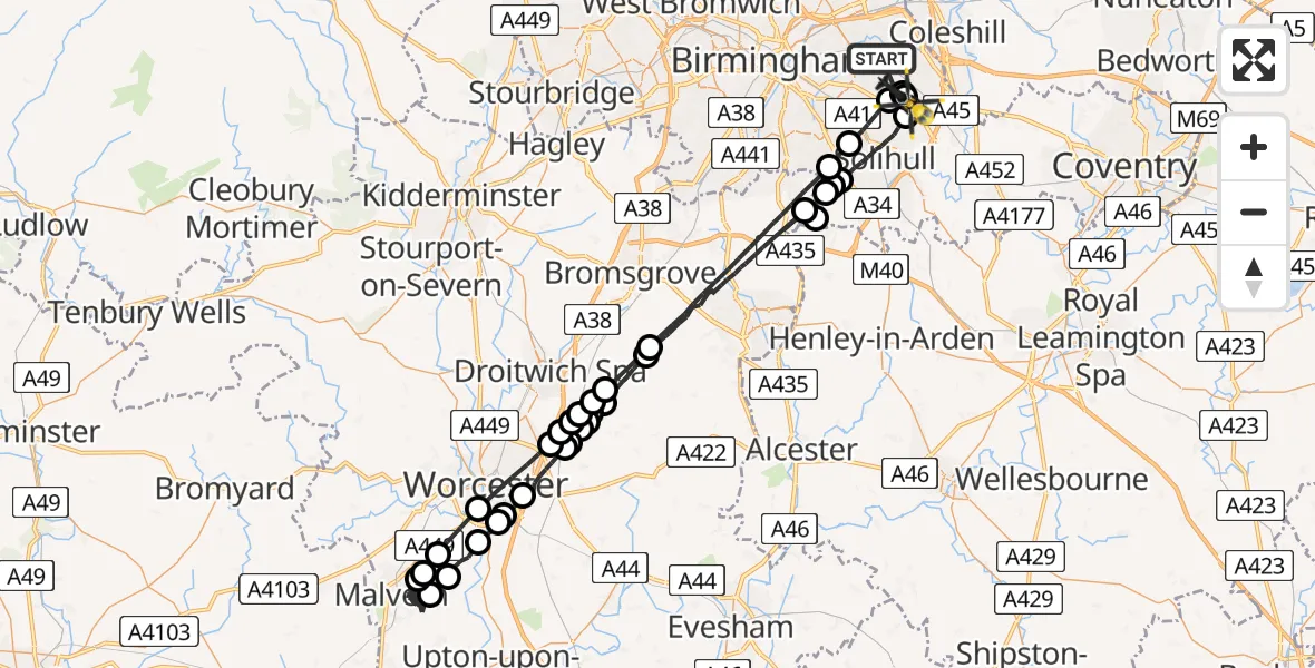 Flight path map showing Police Helicopter route from Kitts Green to Birmingham Airport