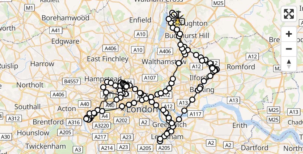 Flight path map showing Police Helicopter route from Metropolitan Police Air Support Unit Lippitts Hill to Metropolitan Police Air Support Unit Lippitts Hill