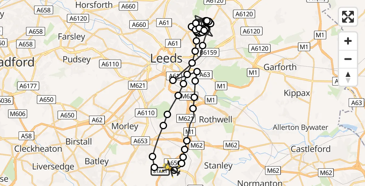 Flight path map showing Police Helicopter route from East Ardsley to East Ardsley