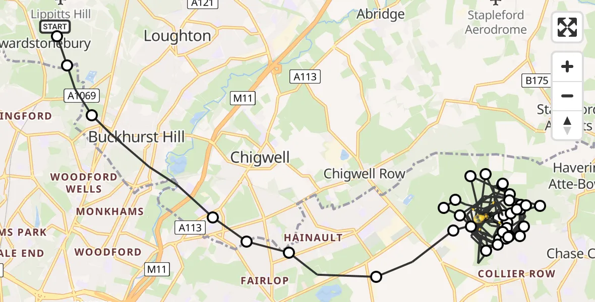Flight path map showing Police Helicopter route from Metropolitan Police Air Support Unit Lippitts Hill to Collier Row