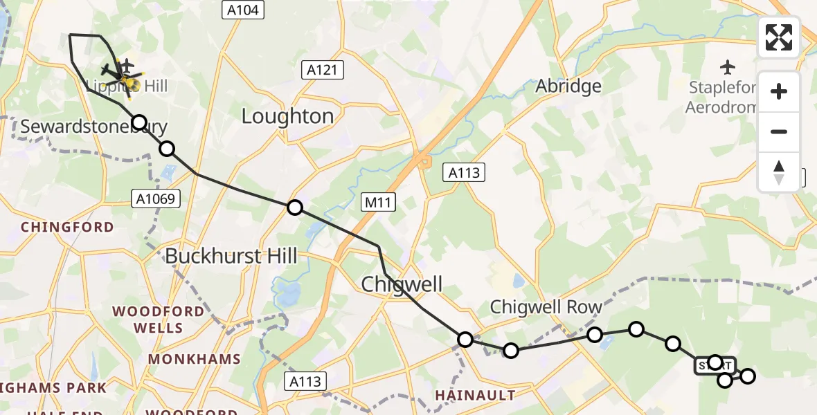 Flight path map showing Police Helicopter route from Collier Row to Sewardstonebury