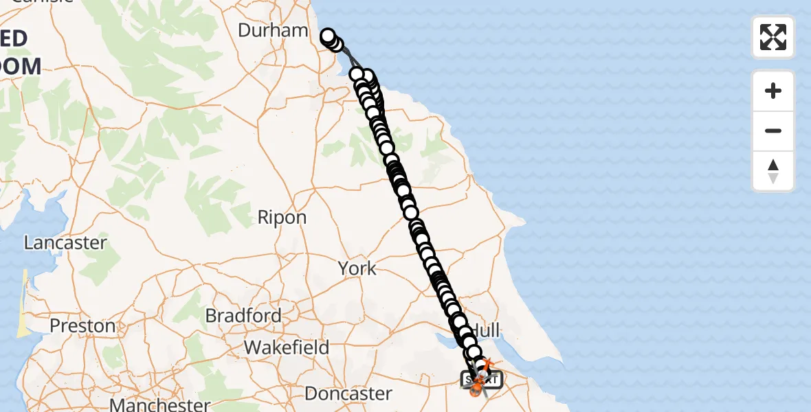 Flight path map showing Coastguard Helicopter route from Humberside Airport to Humberside Airport