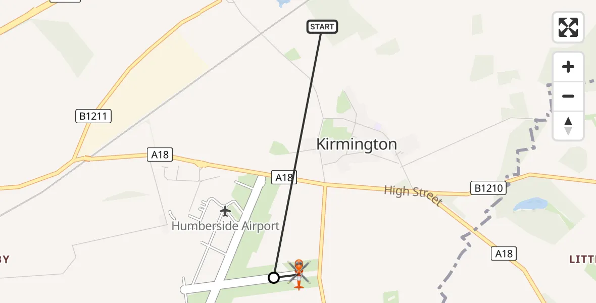 Flight path map showing Coastguard Helicopter route from Kirmington to Humberside Airport