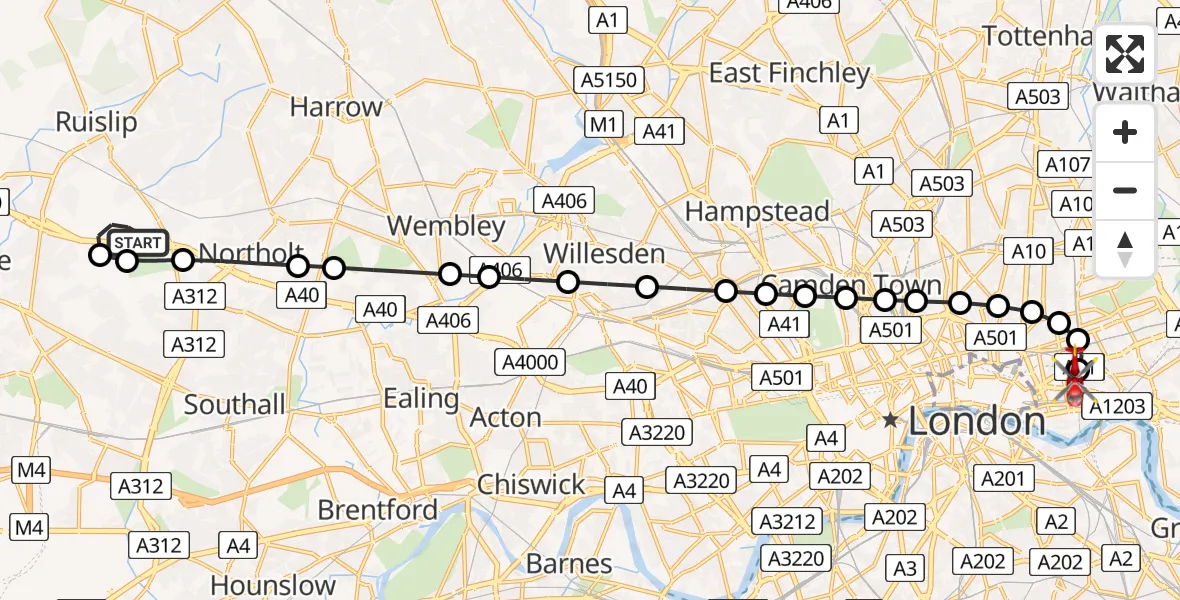 Flight path map showing Air Ambulance Helicopter route from RAF Northolt to Royal London Hospital