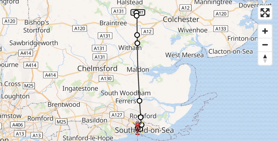 Flight path map showing Air Ambulance Helicopter route from Earls Colne Airfield to Leigh on Sea