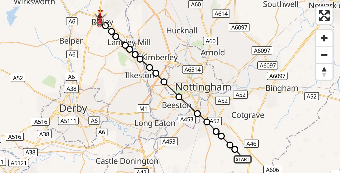 Flight path map showing Air Ambulance Helicopter route from Widmerpool to Ripley