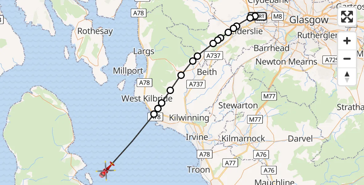 Flight path map showing Air Ambulance Helicopter route from Glasgow Airport to Inner Seas