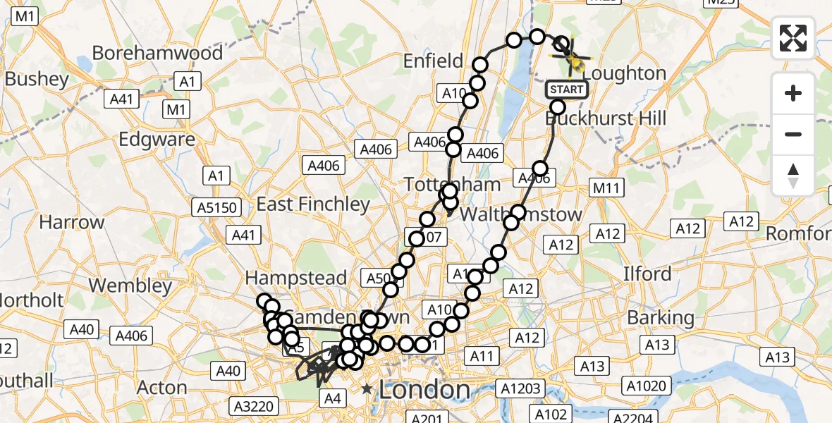 Flight path map showing Police Helicopter route from Waltham Abbey to Metropolitan Police Air Support Unit Lippitts Hill