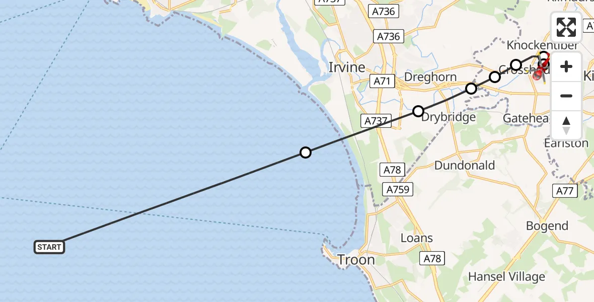 Flight path map showing Air Ambulance Helicopter route from Inner Seas to Crosshouse