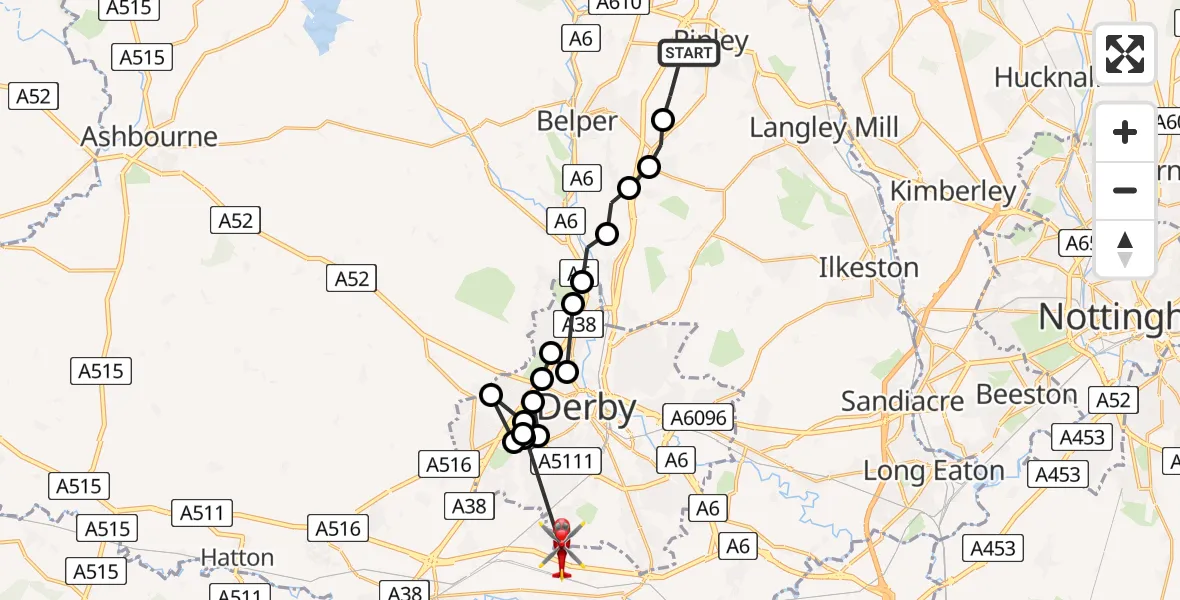 Routekaart van de vlucht: Air Ambulance Helicopter to Sinfin, Elwick Road
