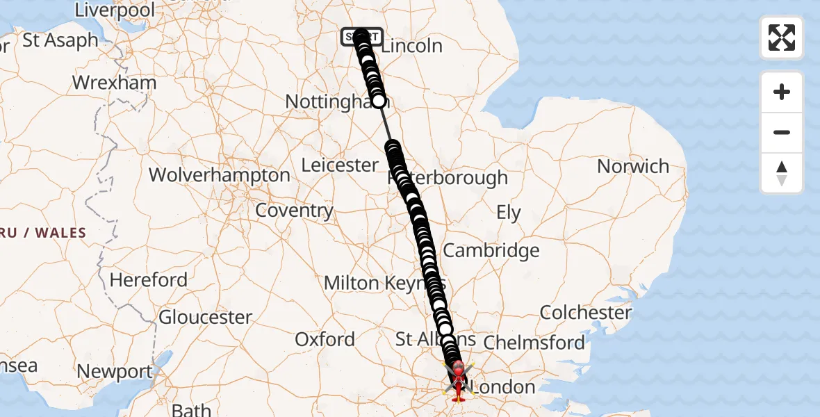 Flight path map showing Air Ambulance Helicopter route from Retford Gamston Airport to City of Westminster