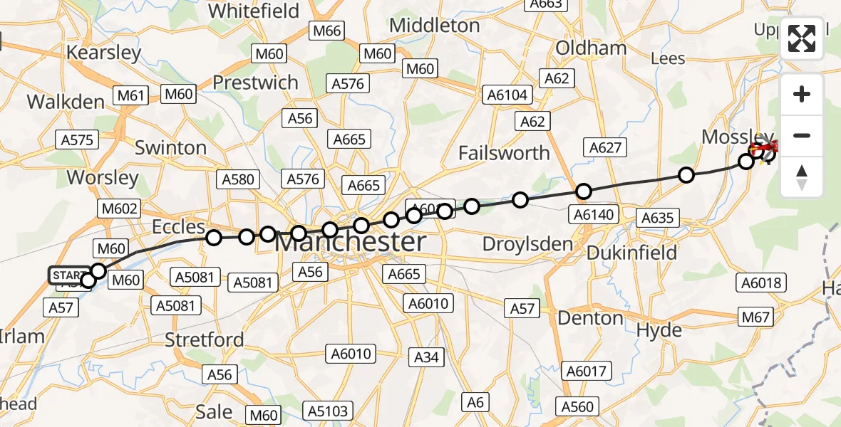 Routekaart van de vlucht: Air Ambulance Helicopter to Mossley