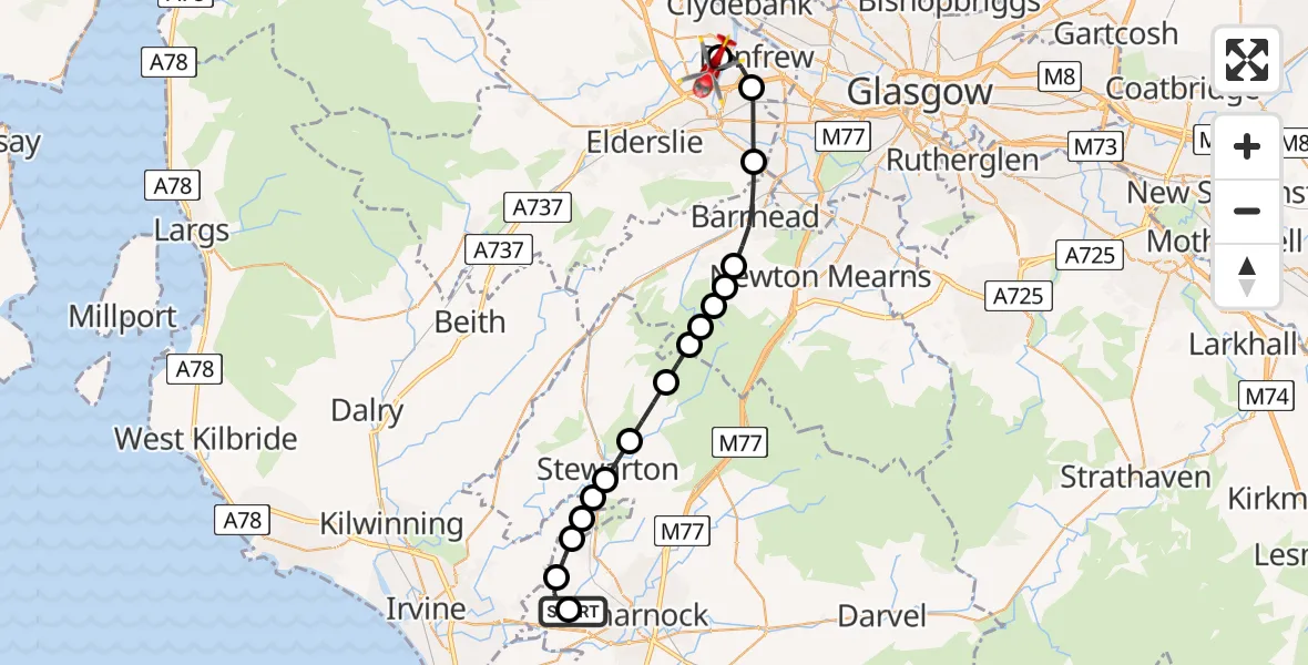 Flight path map showing Air Ambulance Helicopter route from Crosshouse University Hospital to Glasgow Airport