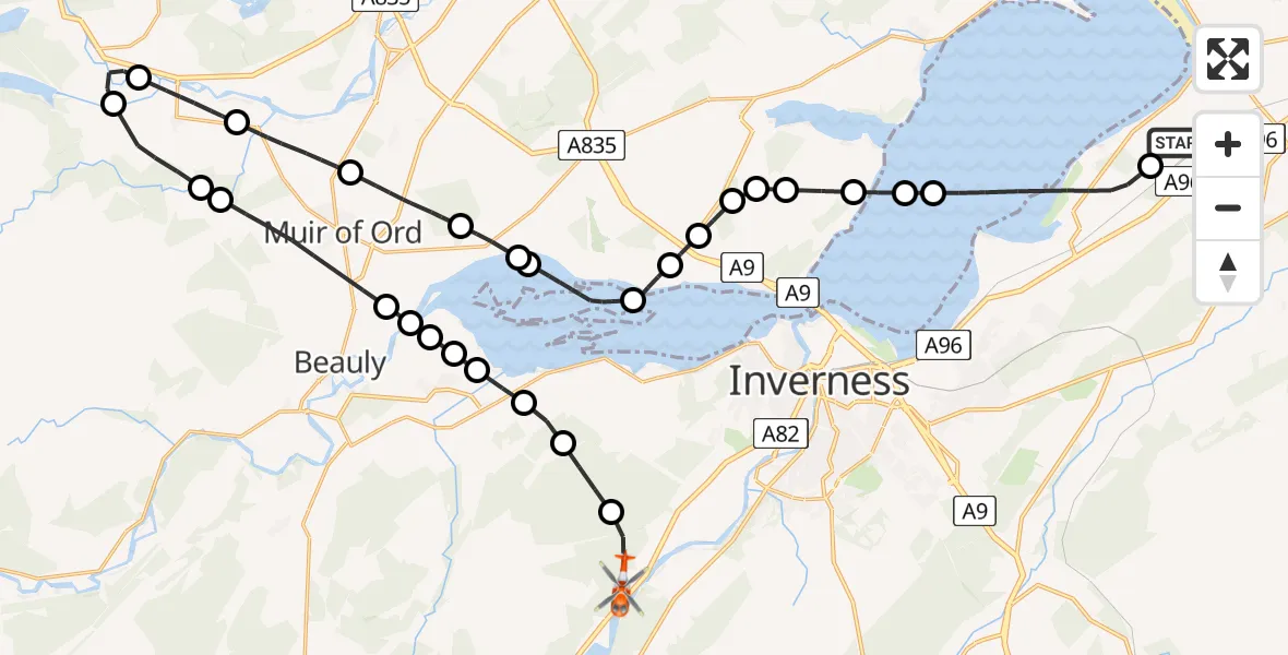 Flight path map showing Coastguard Helicopter route from Inverness Airport to Inverness