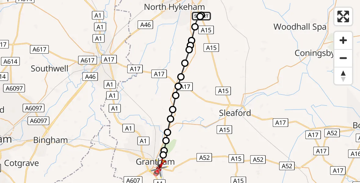 Flight path map showing Air Ambulance Helicopter route from RAF Waddington to Grantham
