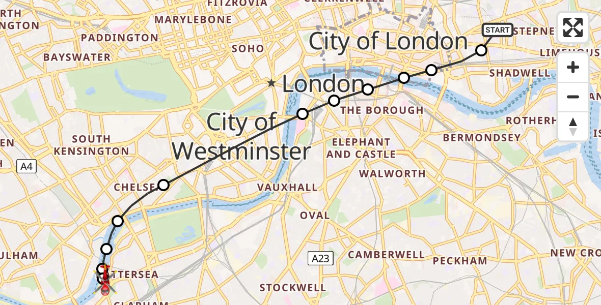Flight path map showing Air Ambulance Helicopter route from Royal London Hospital to London Heliport