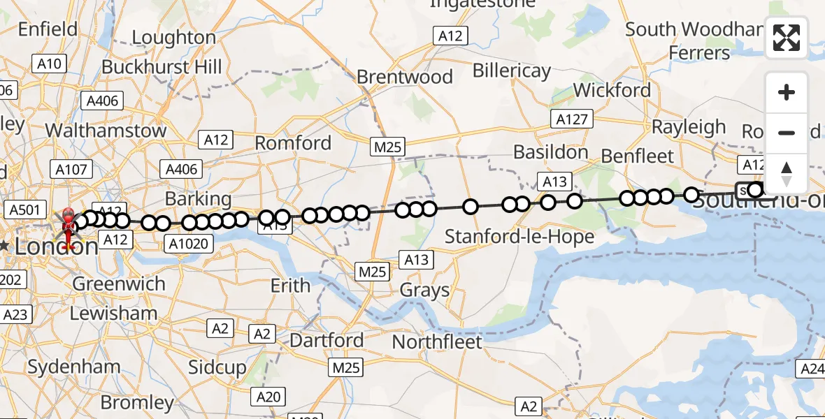 Flight path map showing Air Ambulance Helicopter route from Leigh on Sea to Royal London Hospital