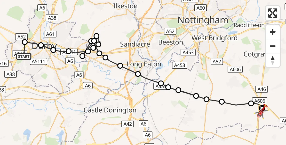 Flight path map showing Air Ambulance Helicopter route from Royal Derby Trauma Unit to Nottingham Heliport