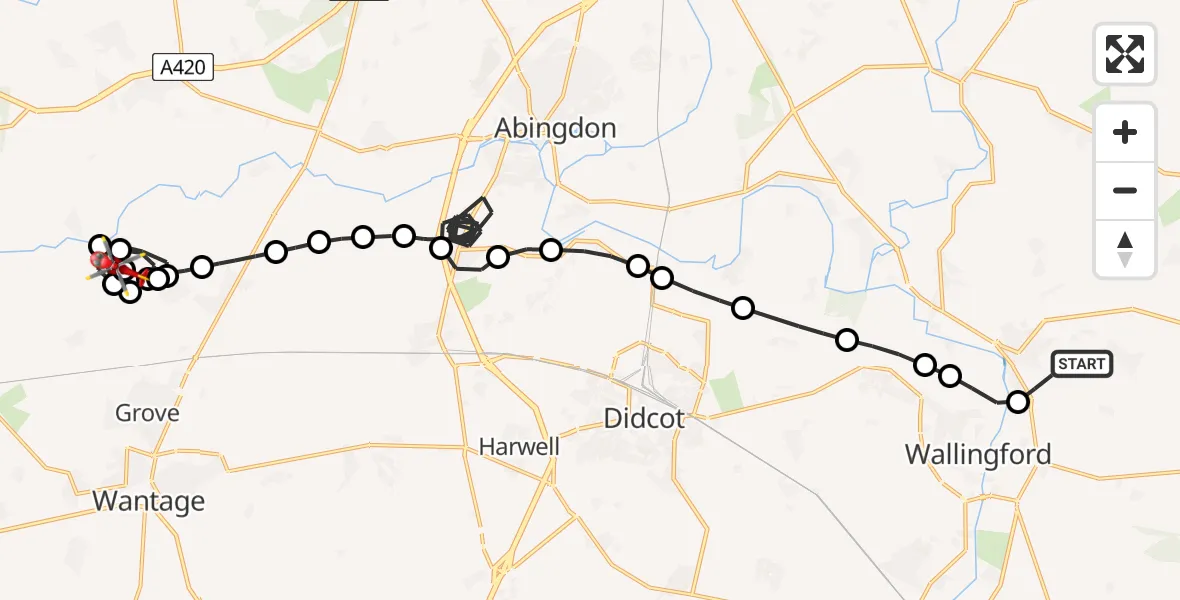Flight path map showing Air Ambulance Helicopter route from RAF Benson to West Hanney