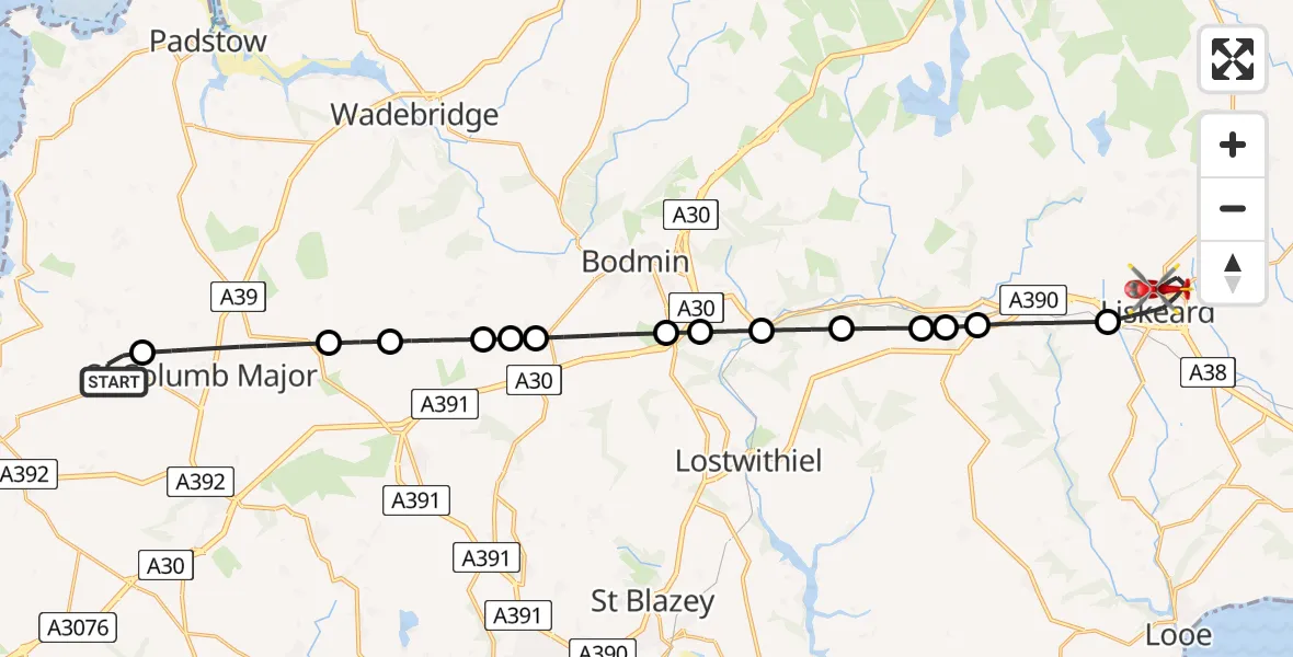 Flight path map showing Air Ambulance Helicopter route from Cornwall Airport Newquay to Liskeard