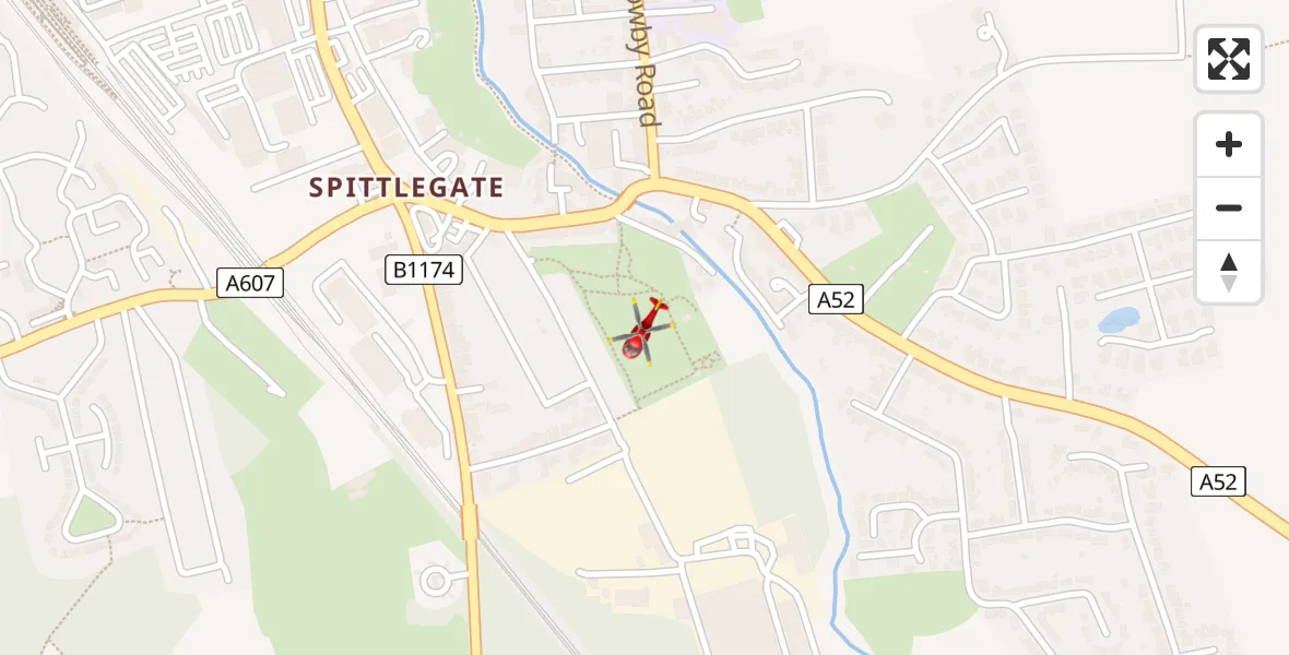 Flight path map showing Air Ambulance Helicopter route from Grantham to Grantham