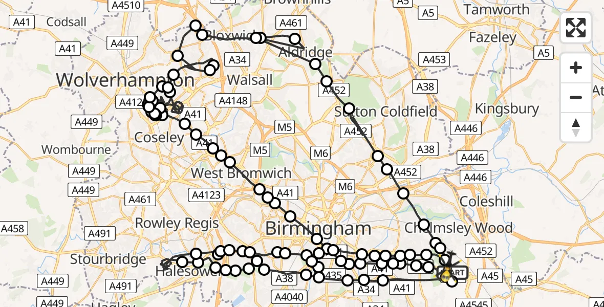 Flight path map showing Police Helicopter route from Birmingham Airport to Birmingham Airport