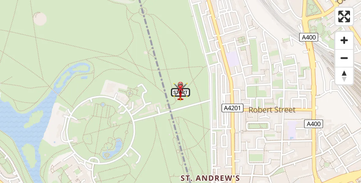 Flight path map showing Air Ambulance Helicopter route from Chalk Farm to City of Westminster