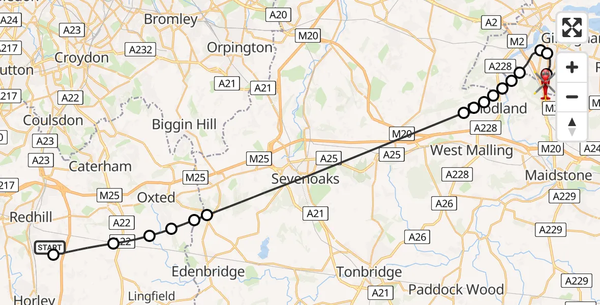 Flight path map showing Air Ambulance Helicopter route from Redhill Aerodrome to Rochester Airport