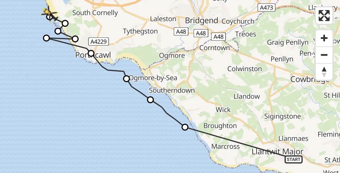 Flight path map showing Police Helicopter route from Boverton to Bristol Channel