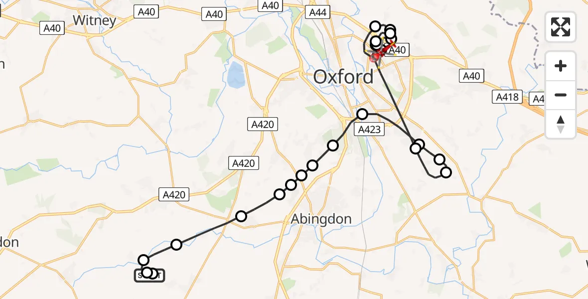 Flight path map showing Air Ambulance Helicopter route from West Hanney to Oxford