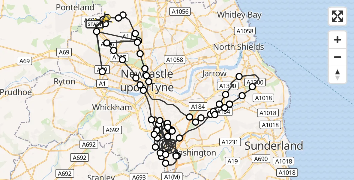 Flight path map showing Police Helicopter route from Newcastle International Airport to Newcastle International Airport