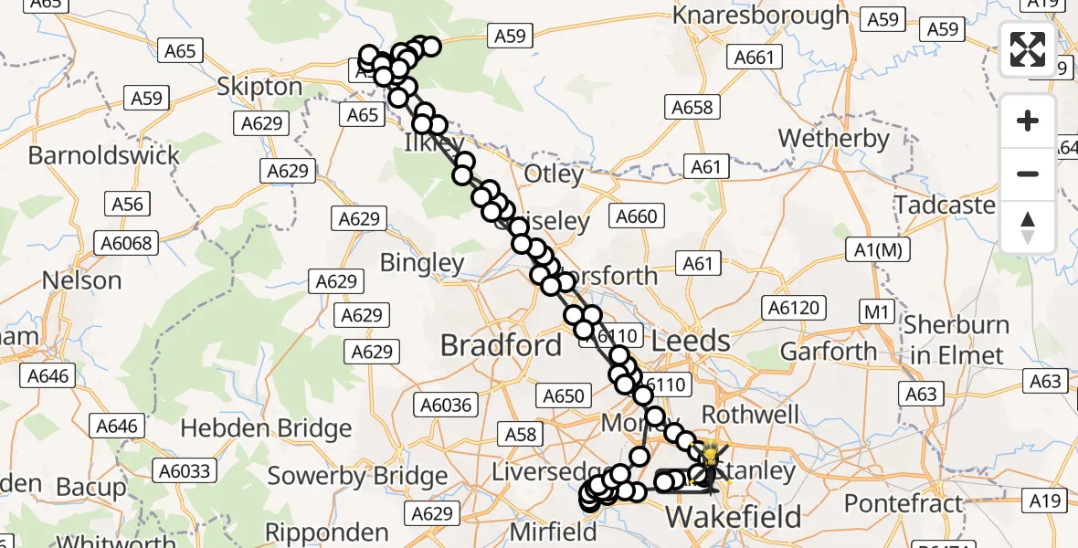 Flight path map showing Police Helicopter route from East Ardsley to Carr Gate