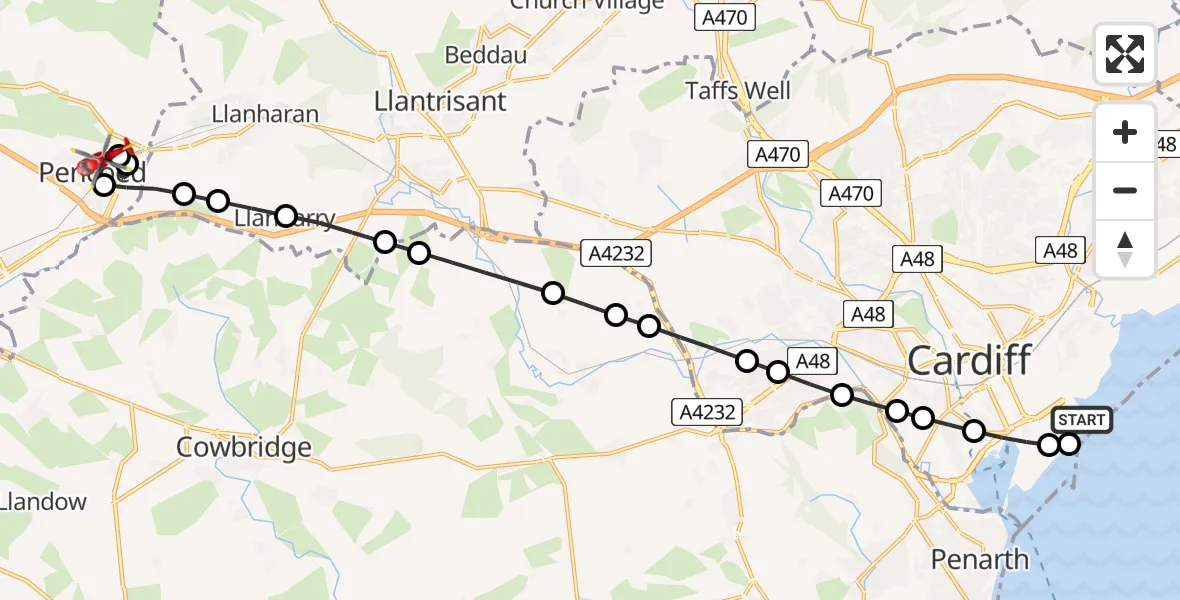 Flight path map showing Air Ambulance Helicopter route from Cardiff Heliport to Pencoed