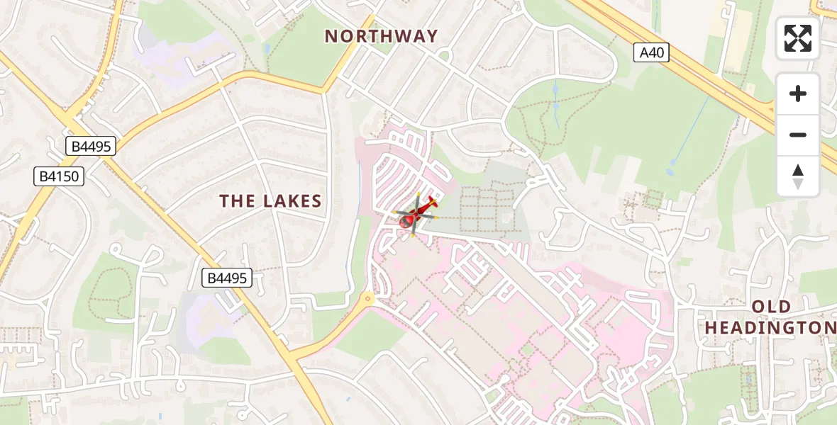 Flight path map showing Air Ambulance Helicopter route from John Radcliffe Hospital to John Radcliffe Hospital