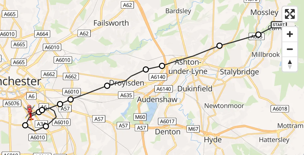 Routekaart van de vlucht: Air Ambulance Helicopter to Chorlton-on-Medlock, Grafton Street