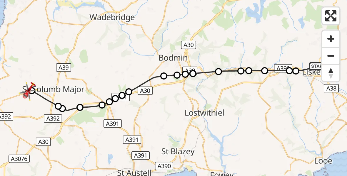 Flight path map showing Air Ambulance Helicopter route from Liskeard to Cornwall Airport Newquay