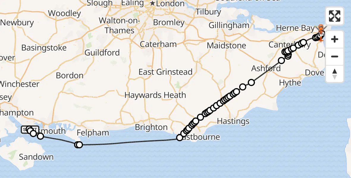 Flight path map showing Coastguard Helicopter route from Solent Airport to Manston Airport