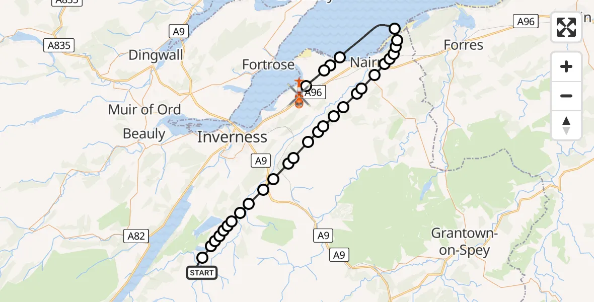 Flight path map showing Coastguard Helicopter route from Highland to Inverness Airport