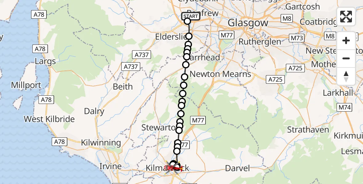 Routekaart van de vlucht: Air Ambulance Helicopter to Crookedholm, Macgregor Drive