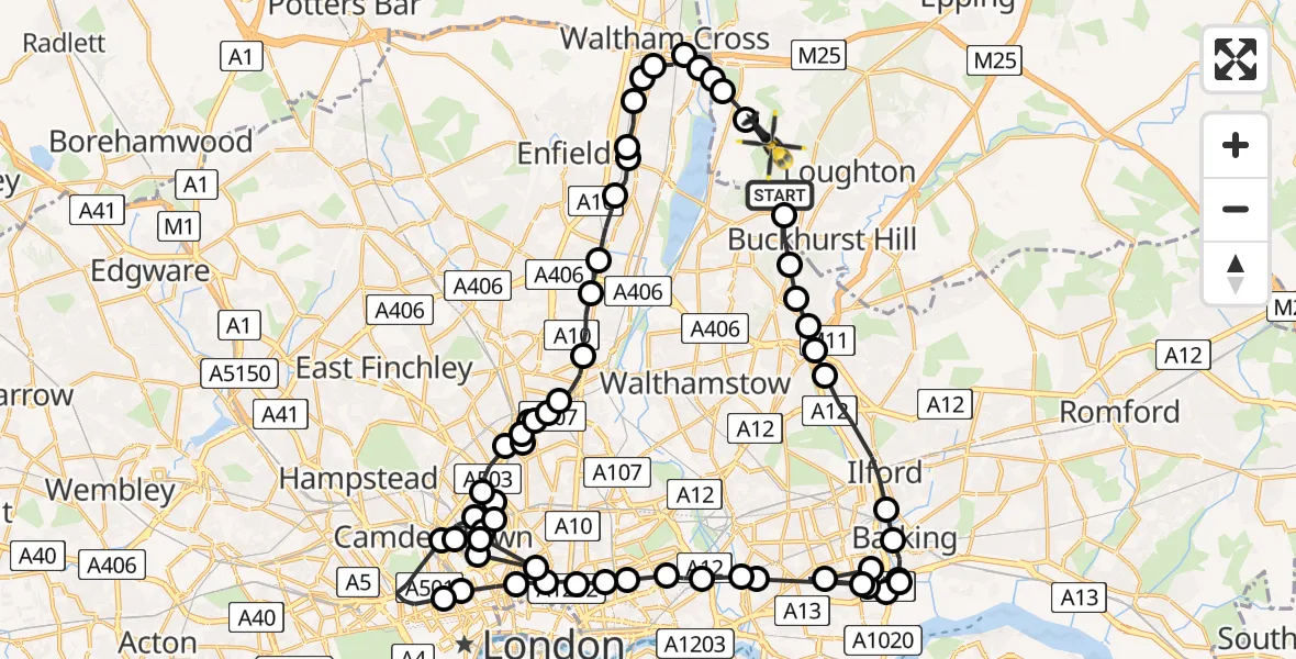 Flight path map showing Police Helicopter route from Waltham Abbey to Sewardstonebury